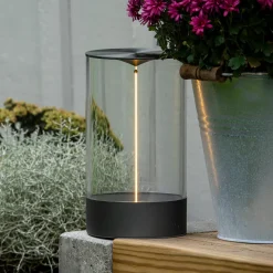 LED-akkukäyttöinen pöytävalaisin Edison, korkeus 23 cm, harmaa/kirkas, IP54