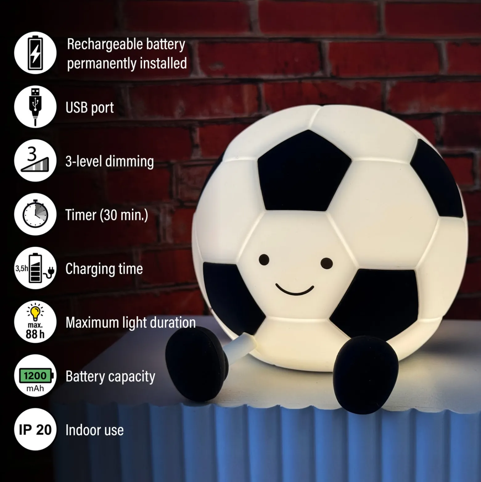 LED-akkulamppu, jalkapallo Kalle, valko-musta, pituus 14 cm