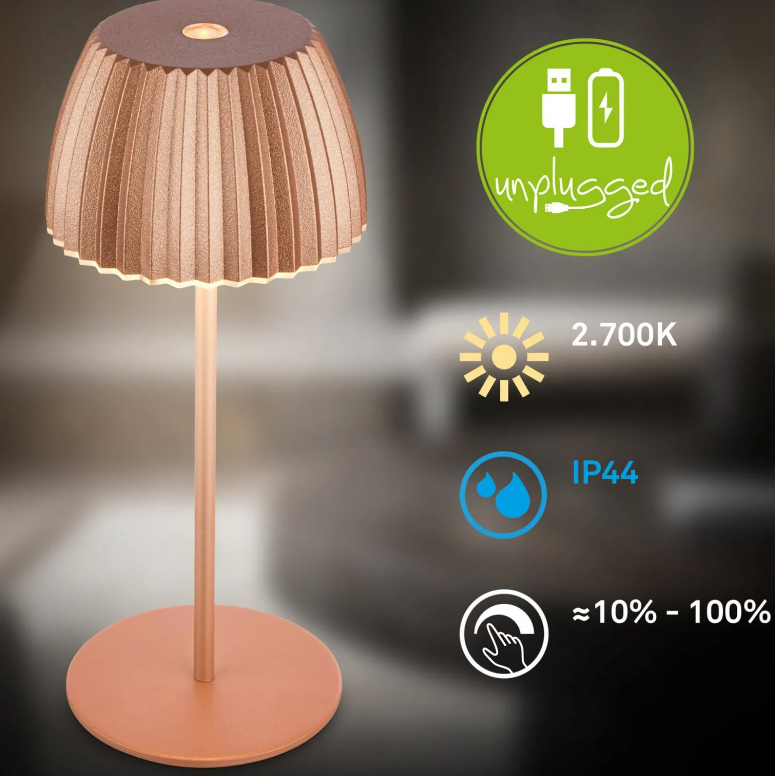 LED-akku-pöytälamppu Brilo unplugged Riffle, 20 cm, kupari