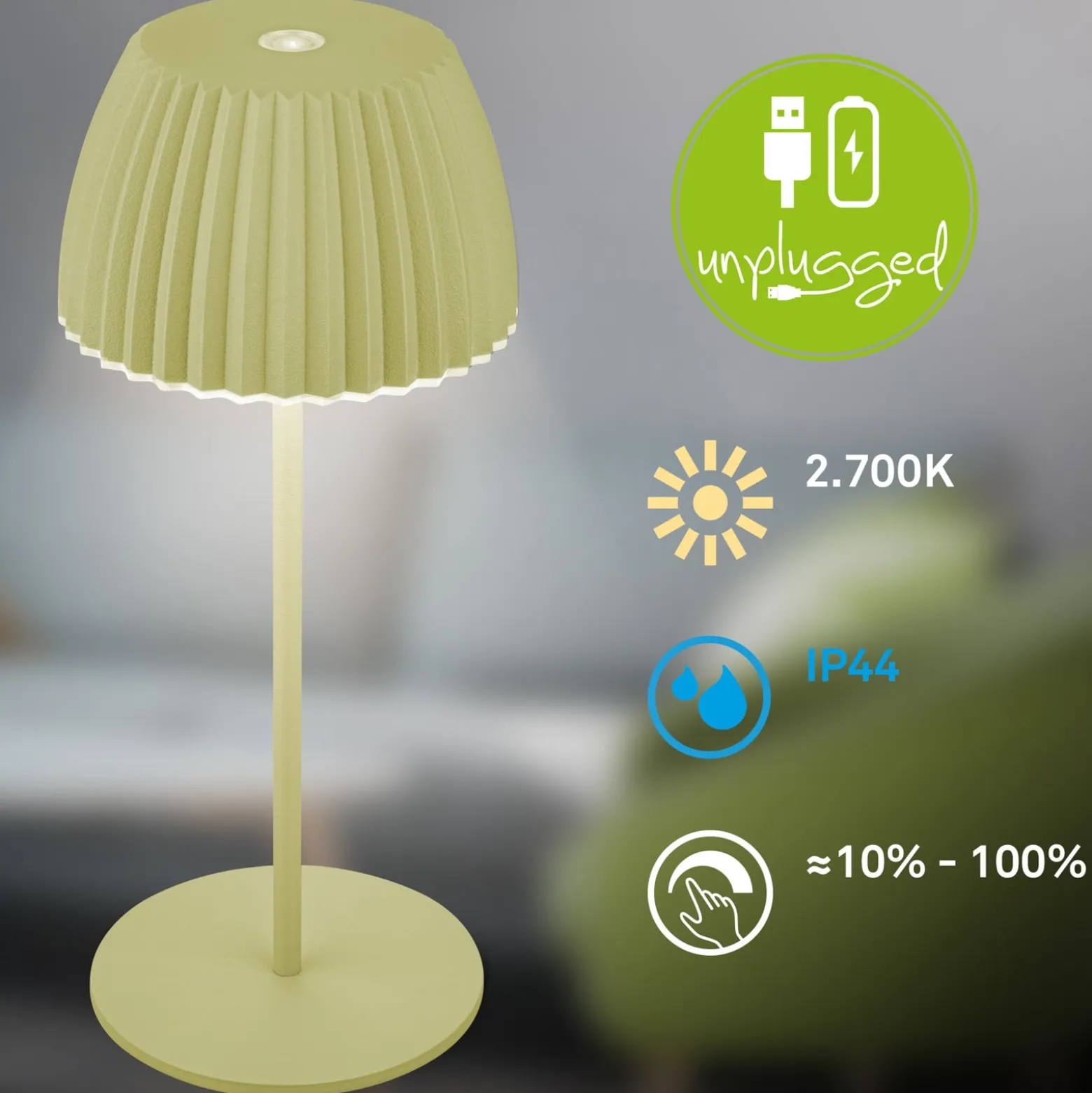 LED-akkupöytälamppu Brilo unplugged Riffle, 20 cm, vihreä