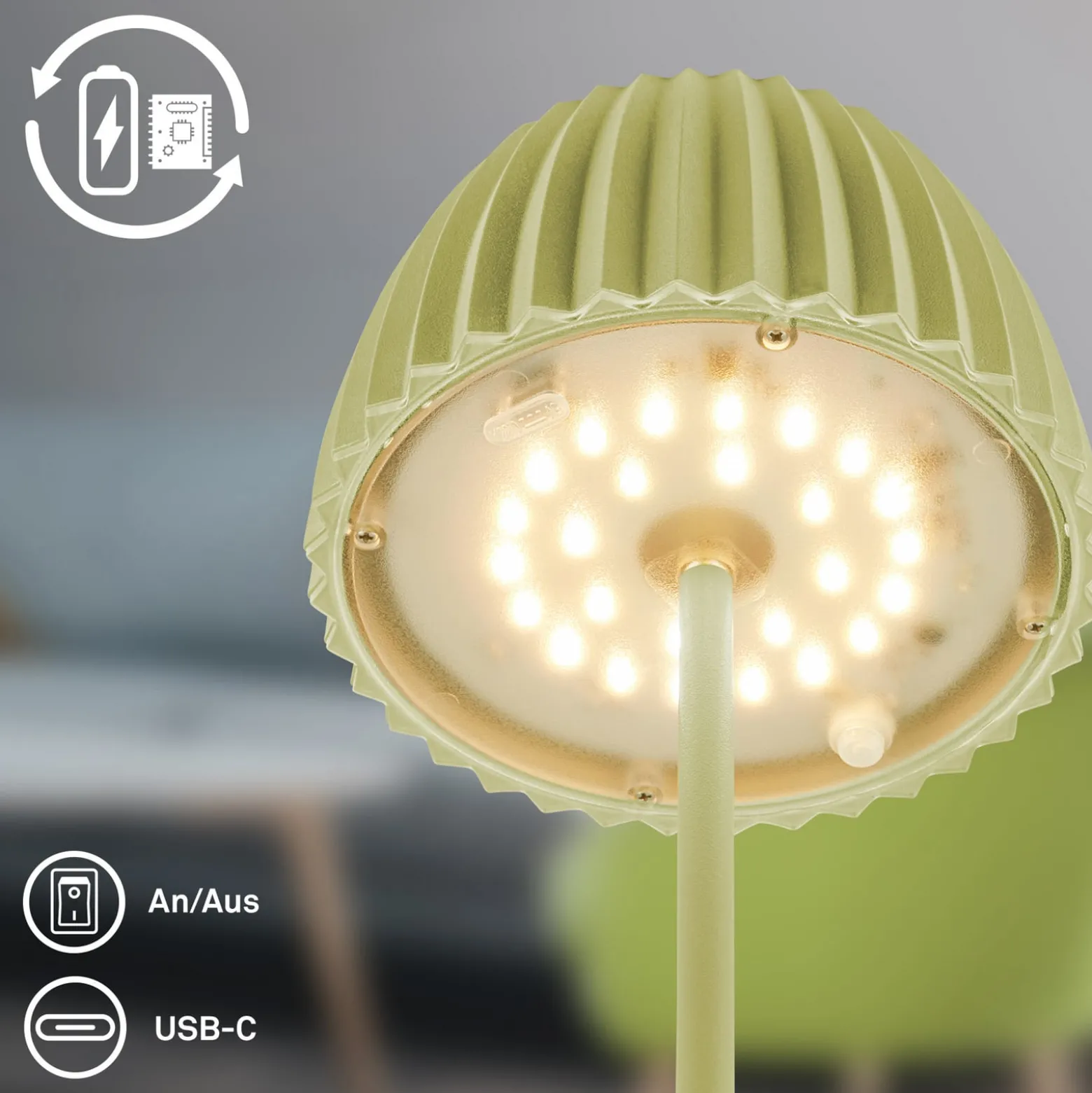 LED-akkupöytälamppu Brilo unplugged Riffle, 20 cm, vihreä