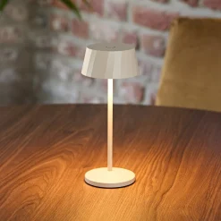 LED-akku-pöytälamppu Facetta, beige, 22 cm, metalli, CCT IP44