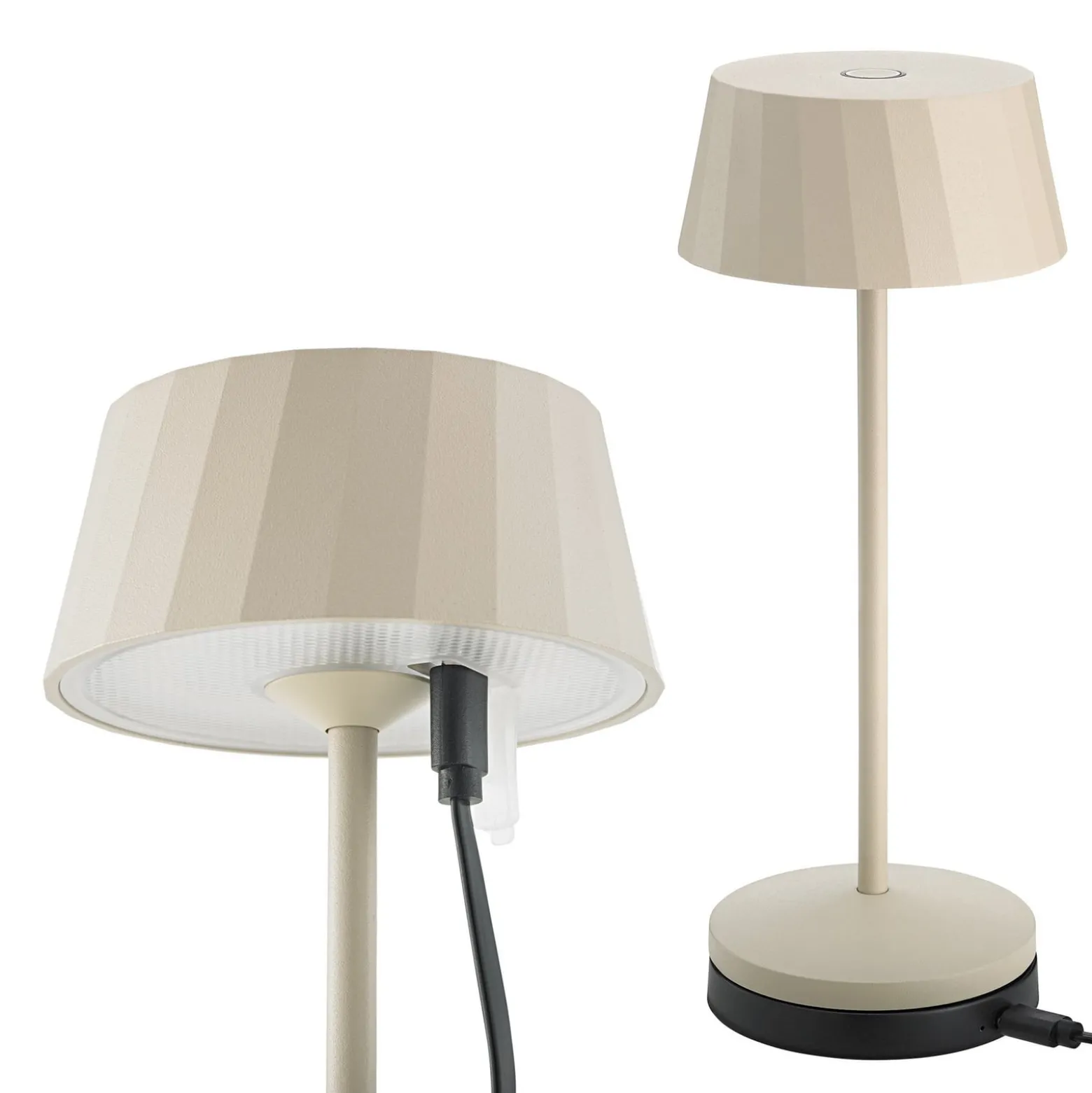 LED-akku-pöytälamppu Facetta, beige, 22 cm, metalli, CCT IP44