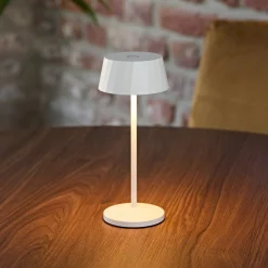 LED-akku-pöytälamppu Facetta, valkoinen, 22 cm, metalli, CCT IP44