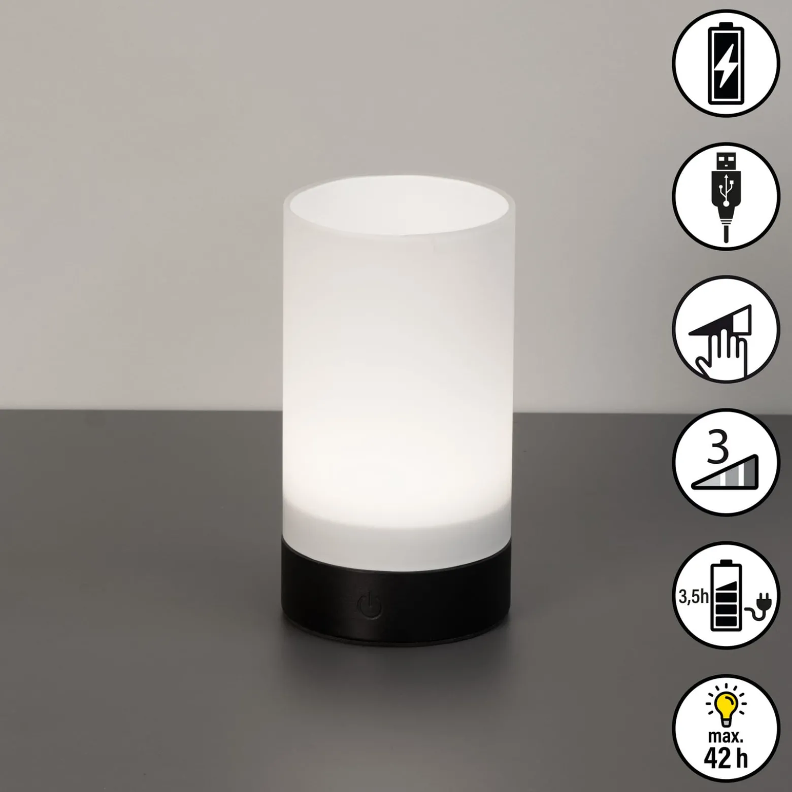 LED-akkupöytälamppu Fenya, musta/opaalimatta Korkeus 14 cm IP54