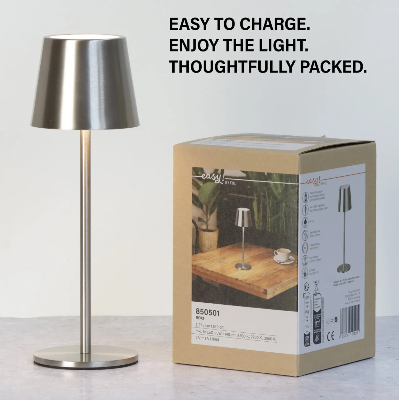 LED-akku-pöytälamppu Roxi, nikkelivärinen, metalli, IP54, himmennin