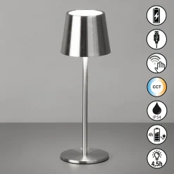 LED-akku-pöytälamppu Roxi, nikkelivärinen, metalli, IP54, himmennin