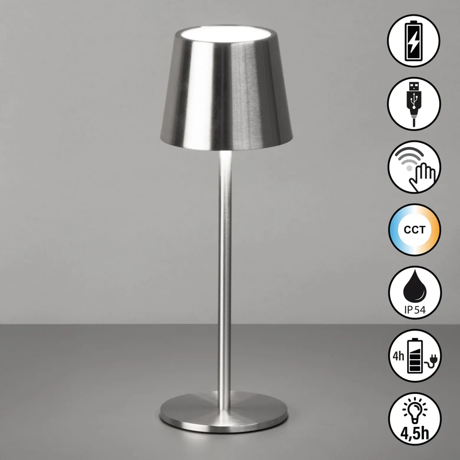 LED-akku-pöytälamppu Roxi, nikkelivärinen, metalli, IP54, himmennin