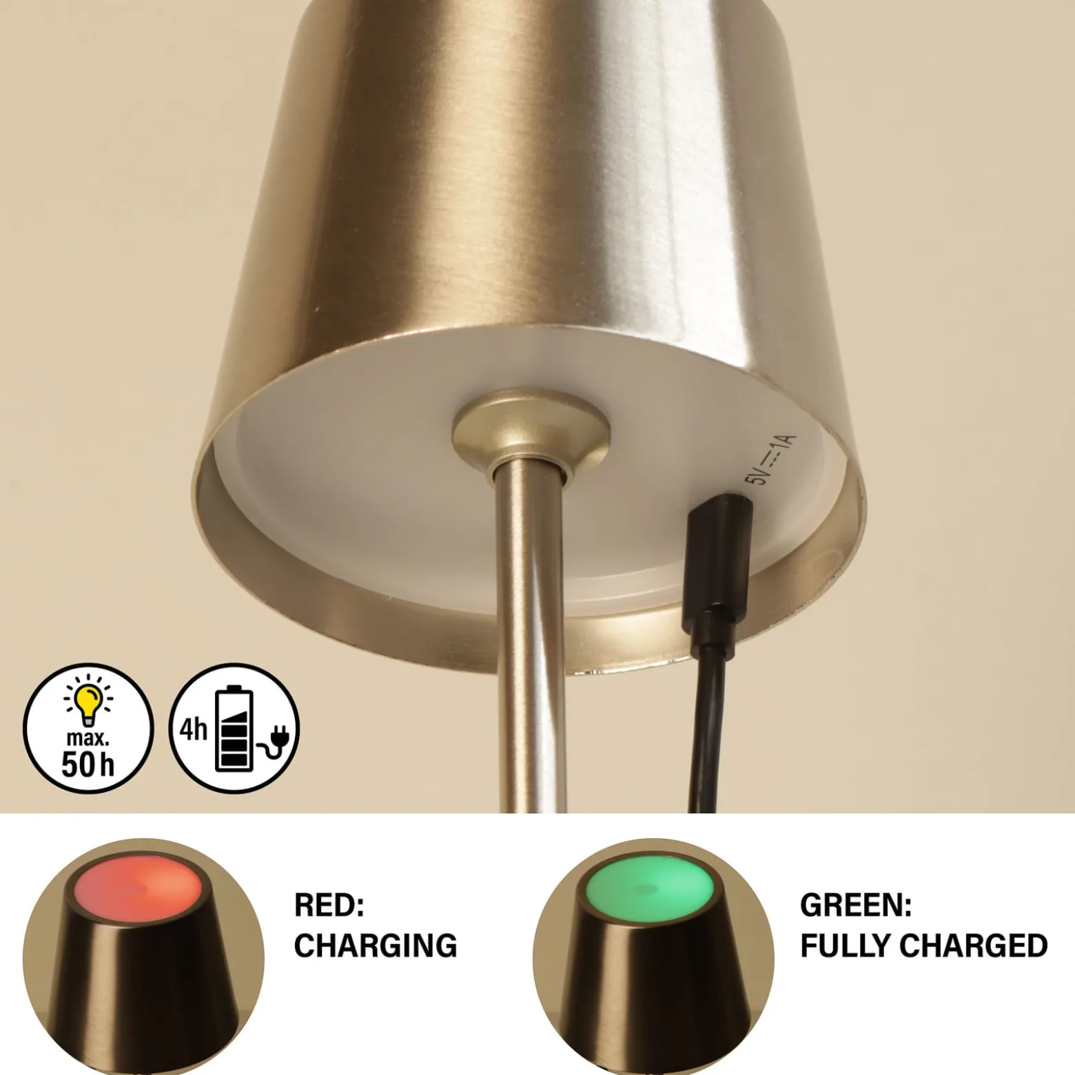 LED-akku-pöytälamppu Roxi, nikkelivärinen, metalli, IP54, himmennin