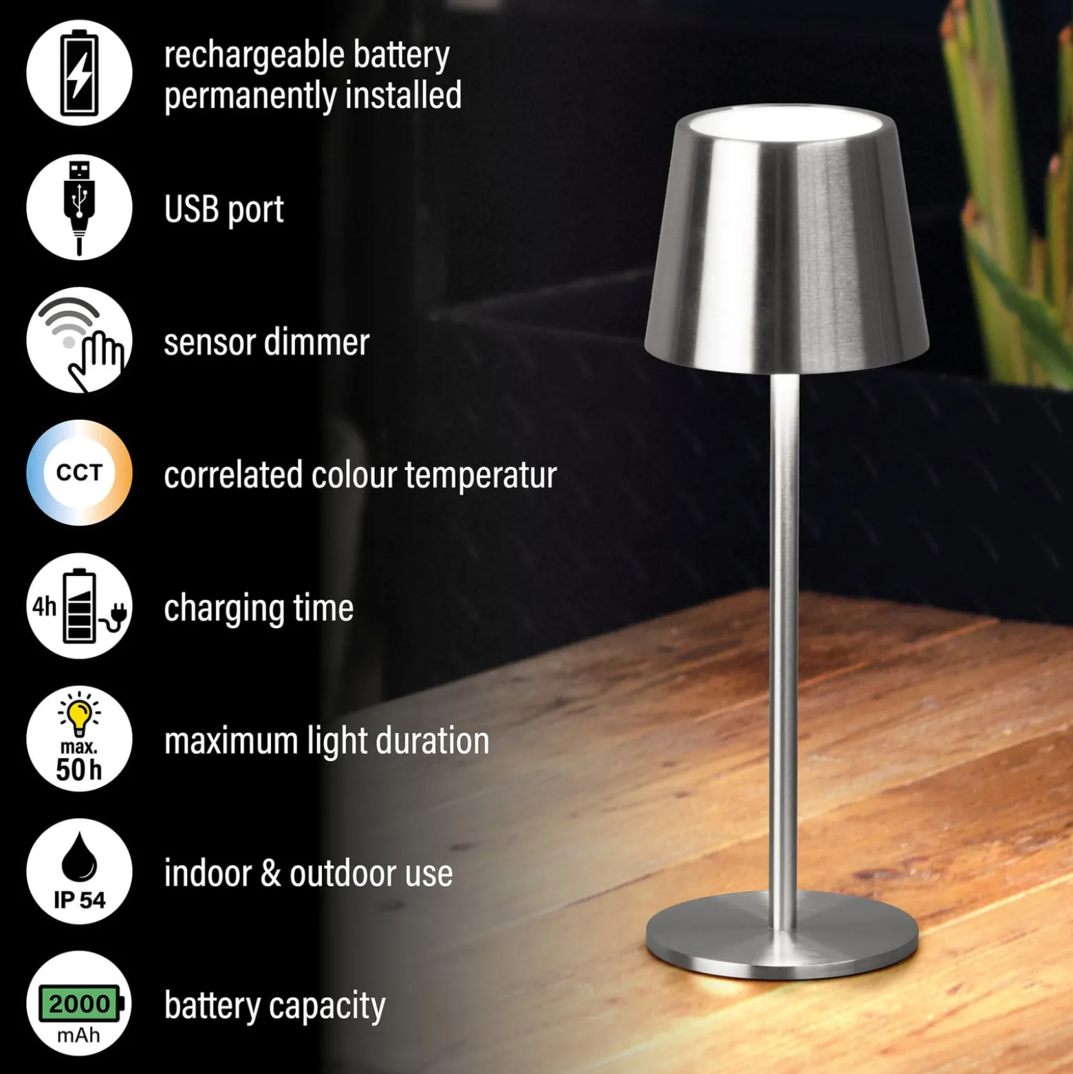 LED-akku-pöytälamppu Roxi, nikkelivärinen, metalli, IP54, himmennin