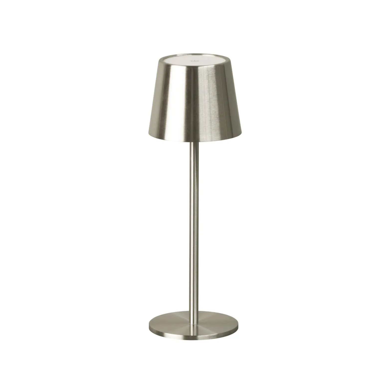 LED-akku-pöytälamppu Roxi, nikkelivärinen, metalli, IP54, himmennin