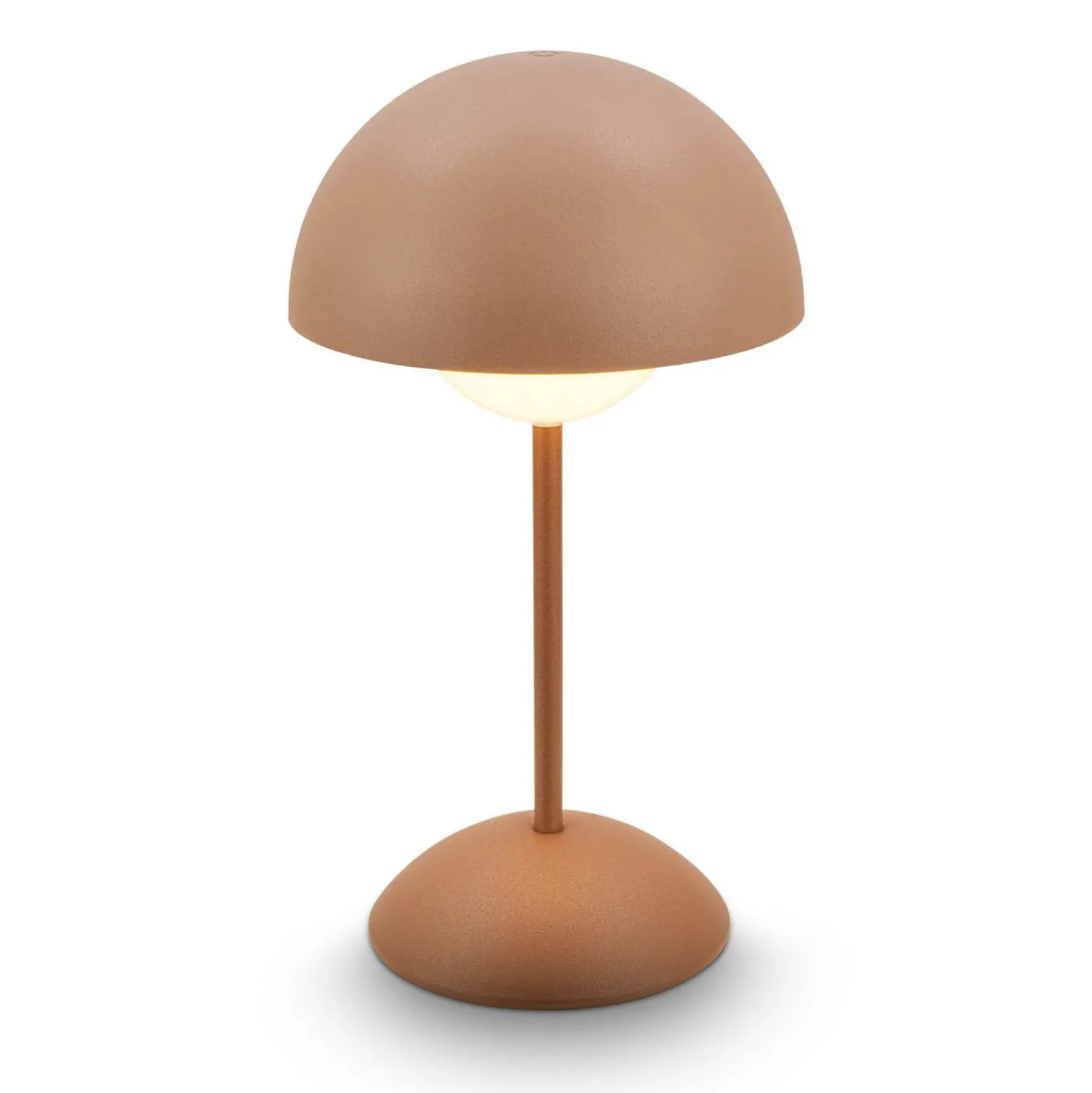 LED-akku-pöytävalaisin Kugle, ruskea, metalli, IP44, himmennettävä