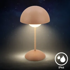LED-akku-pöytävalaisin Kugle, ruskea, metalli, IP44, himmennettävä