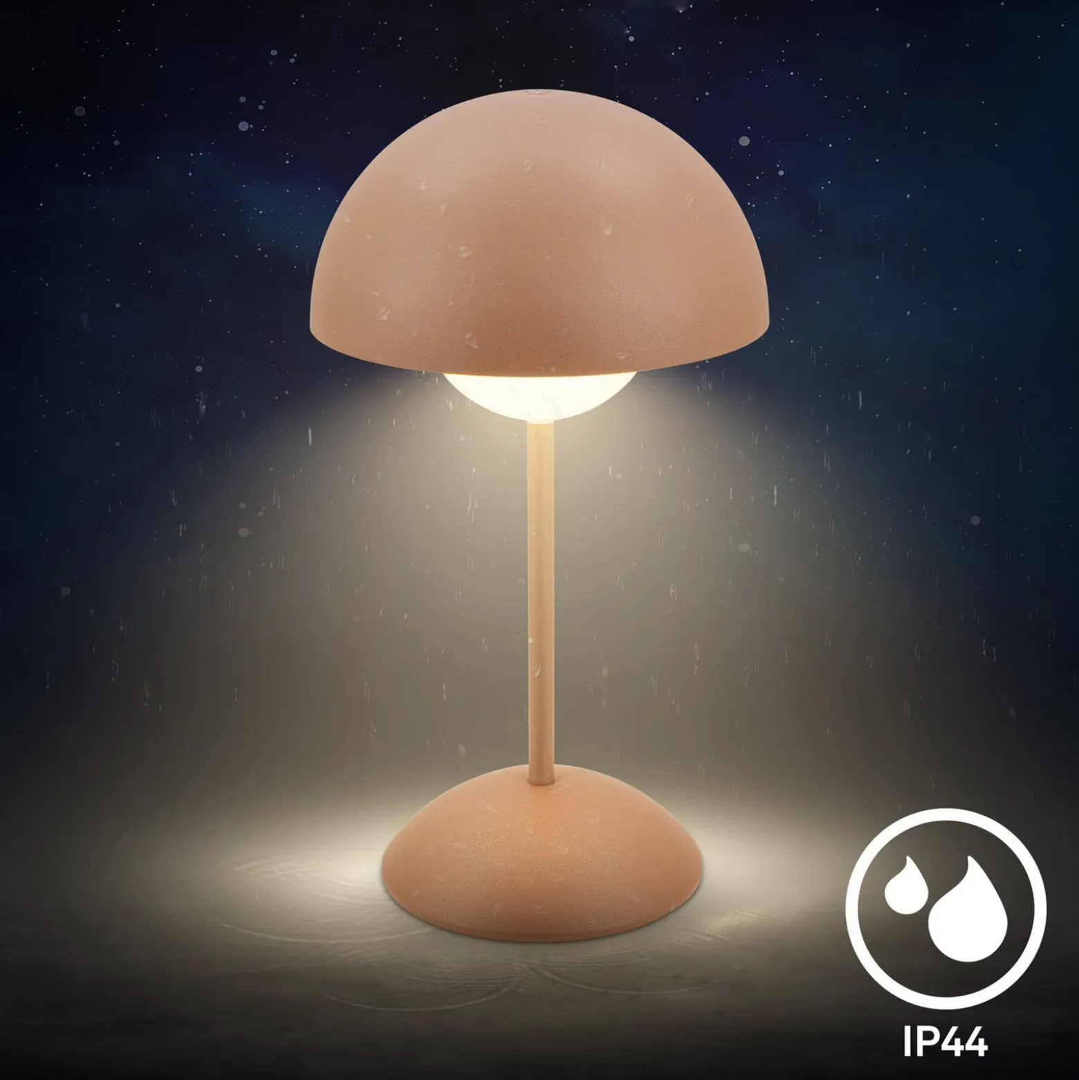 LED-akku-pöytävalaisin Kugle, ruskea, metalli, IP44, himmennettävä