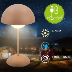 LED-akku-pöytävalaisin Kugle, ruskea, metalli, IP44, himmennettävä