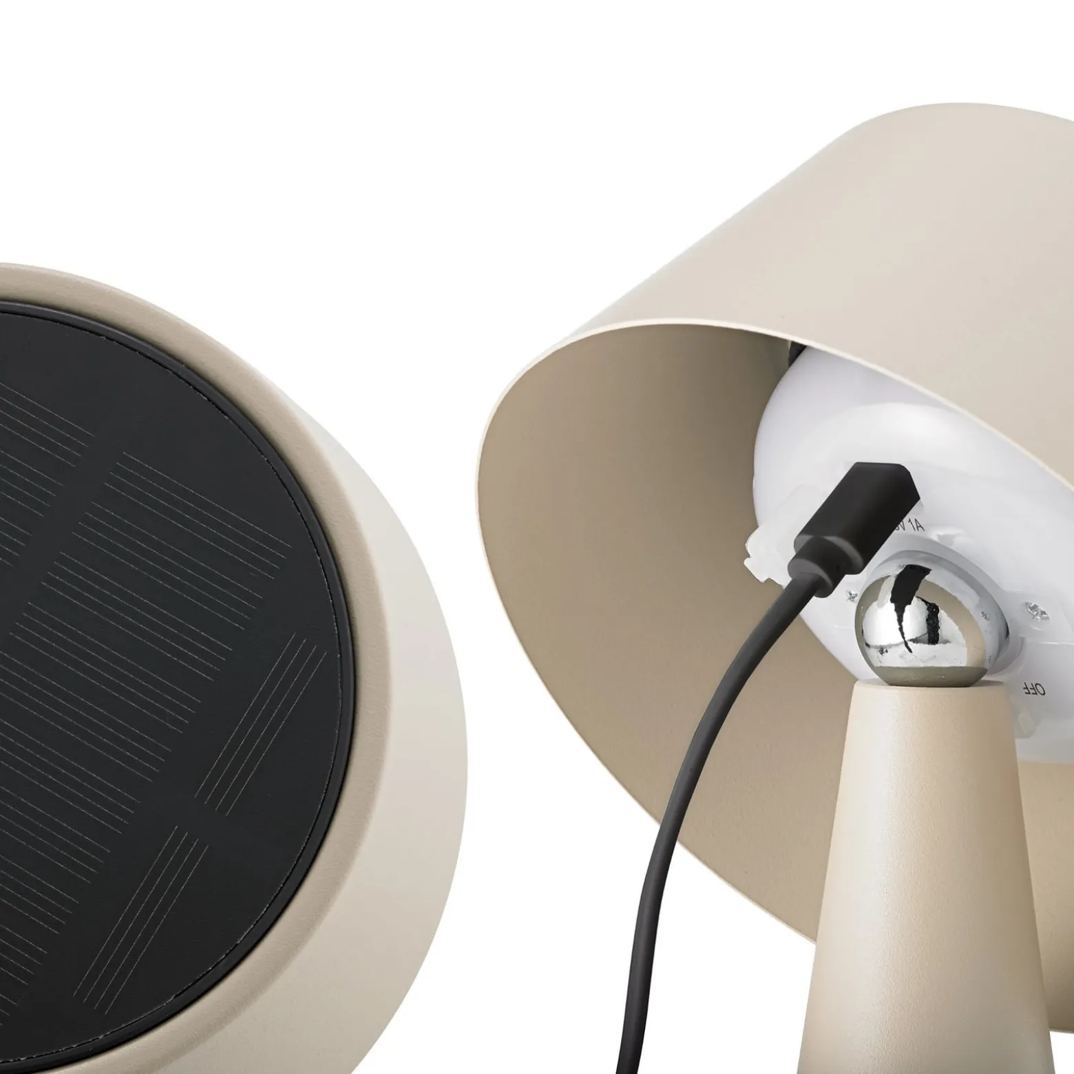 LED-akku-pöytävalaisin Solino, beige, aurinko/USB, 26 cm, IP44