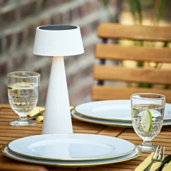 LED-akku-pöytävalaisin Solino, valkoinen, aurinko/USB, 26 cm, IP44