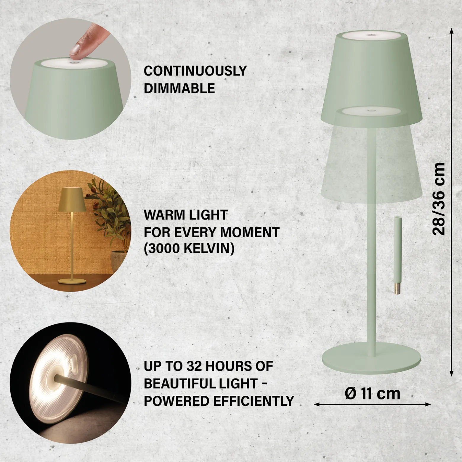 LED-akku-pöytävalaisin Viletto, salvia, IP54
