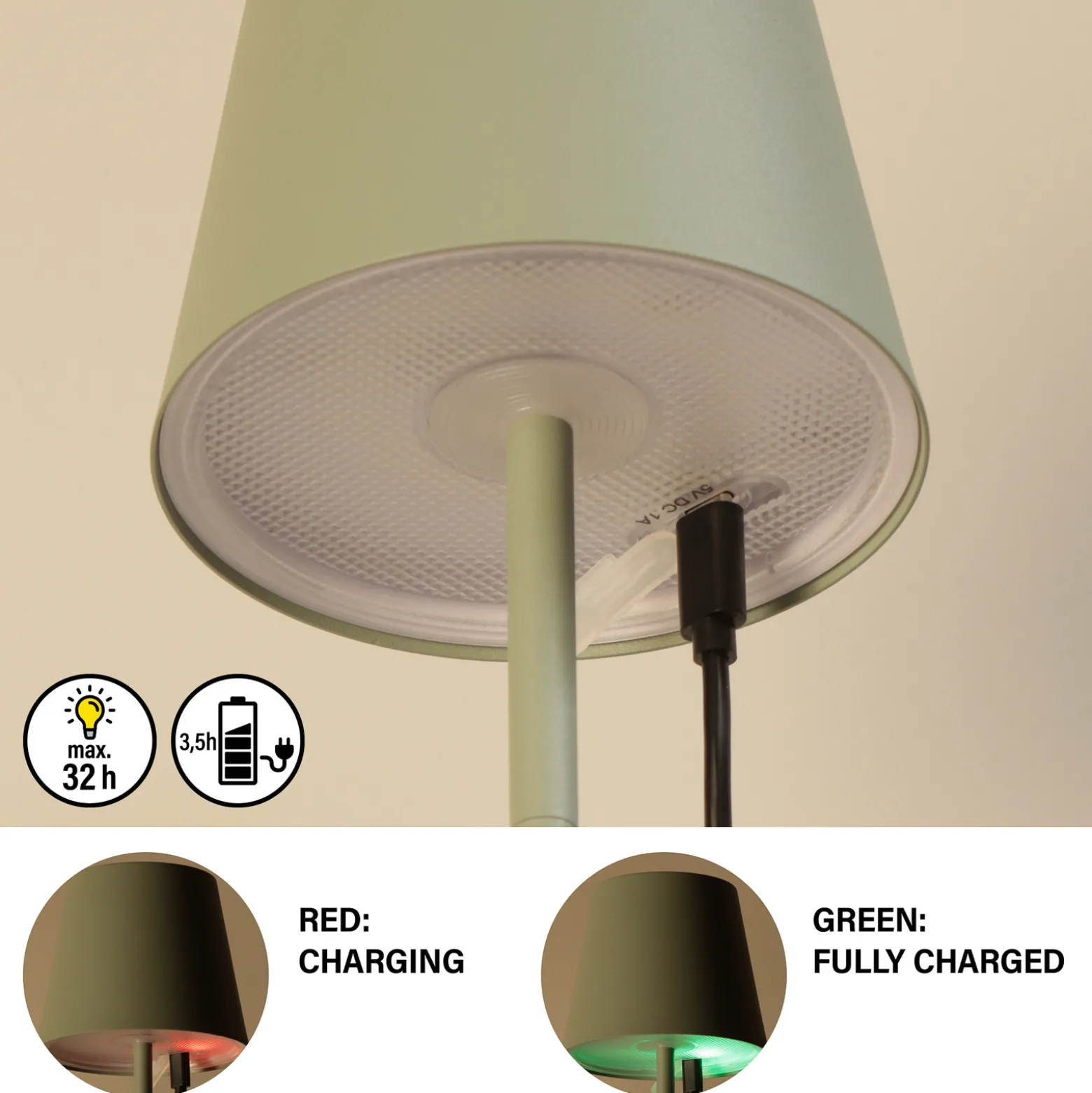 LED-akku-pöytävalaisin Viletto, salvia, IP54