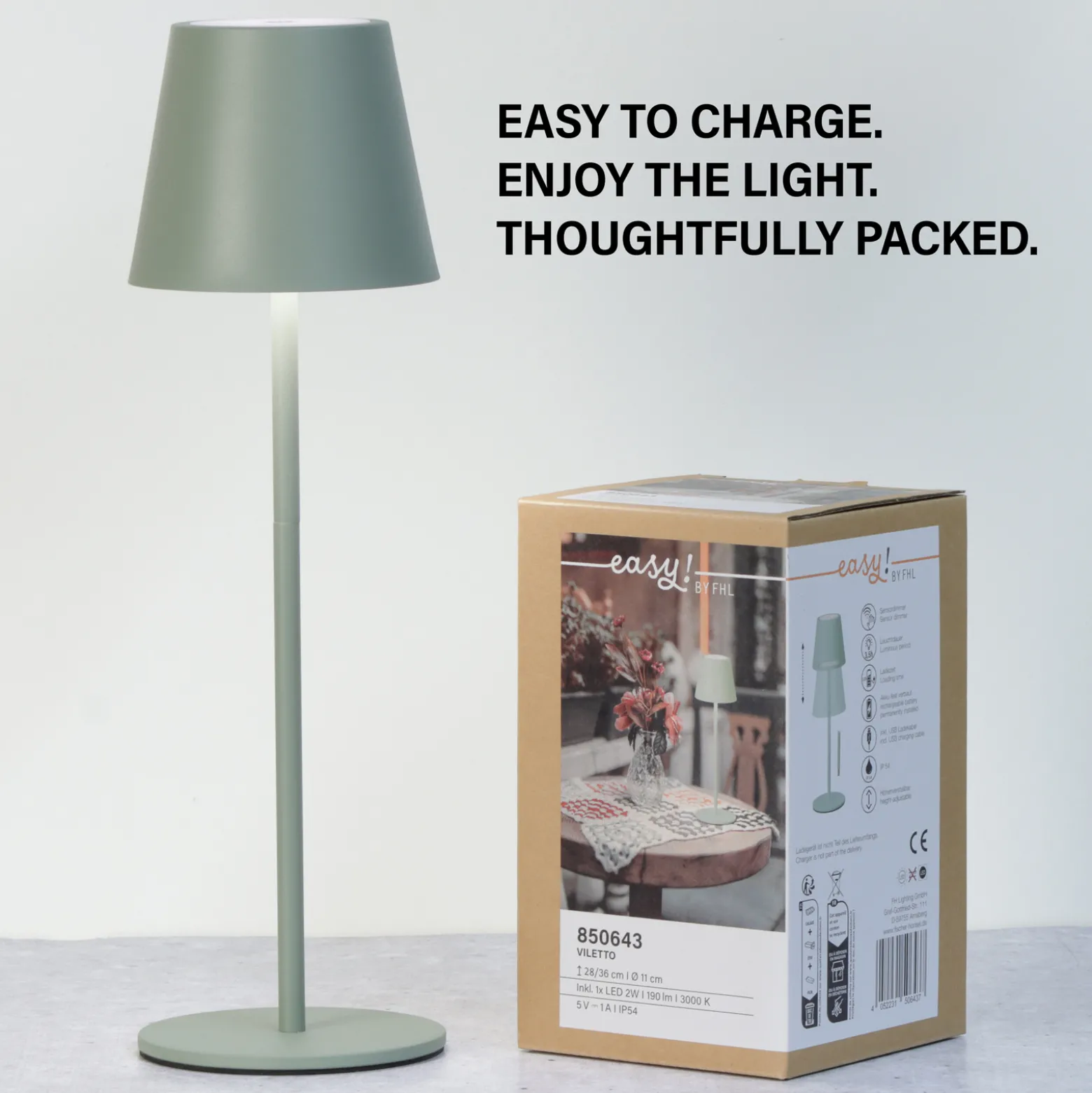 LED-akku-pöytävalaisin Viletto, salvia, IP54