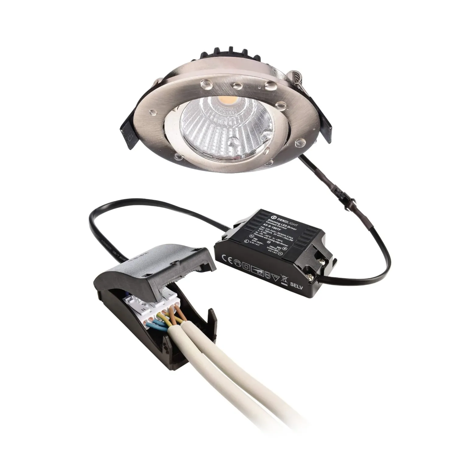 LED kattoon upotettava valaisin Dione, IP44, nikkeli, himmeä lämpimäksi