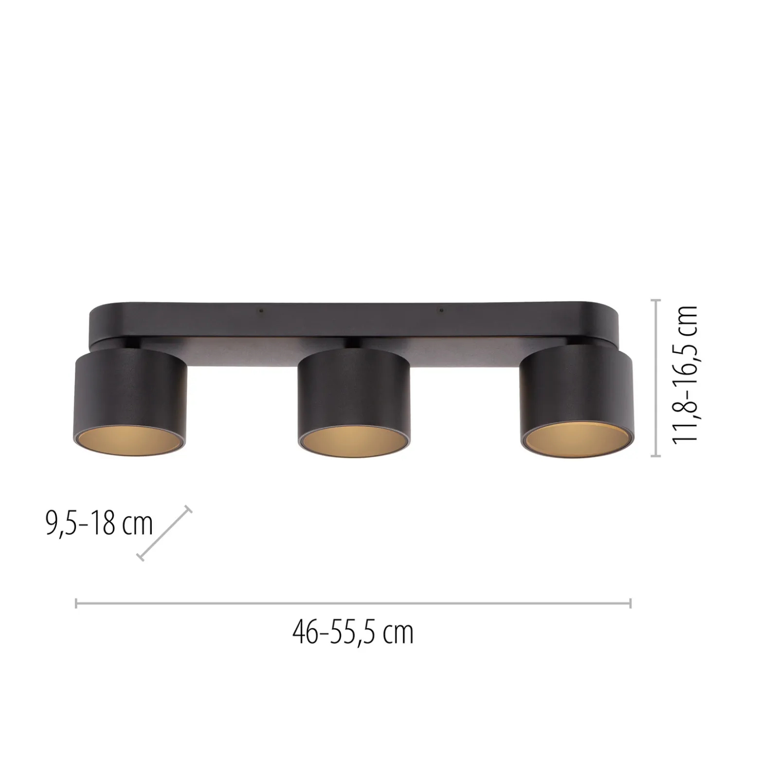 LED-kattospotti PURE Cup, musta, pituus 56 cm, metallia, 3-lamppuinen