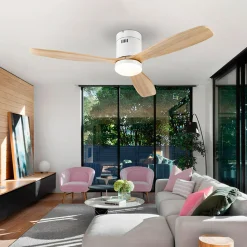 LED-kattotuuletin Siroco, valkoinen/vaalea puu Ø 132 cm, hiljainen