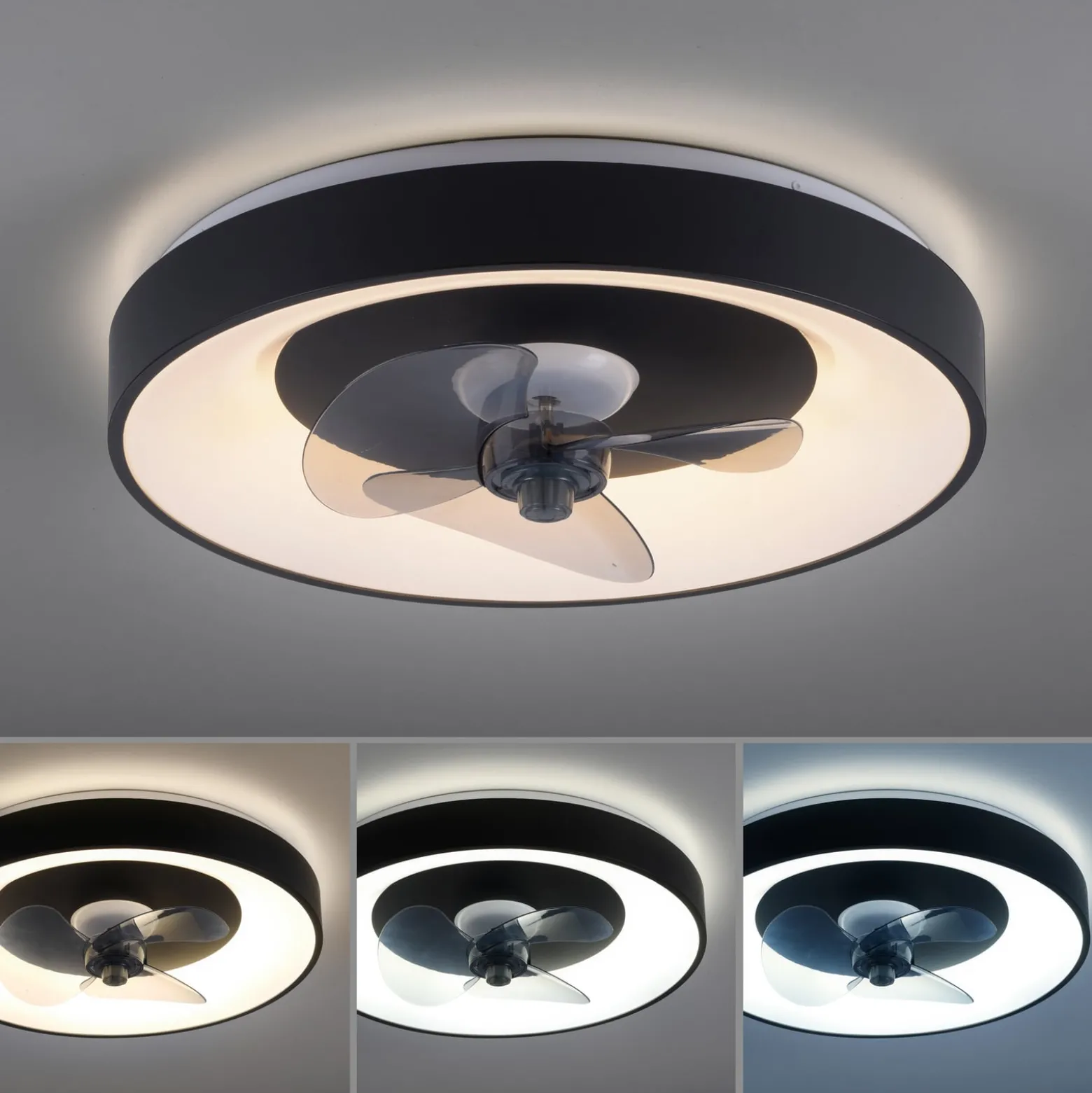 LED-kattotuuletin Venika, musta CCT, kaukosäädin, halkaisija 48,6 cm