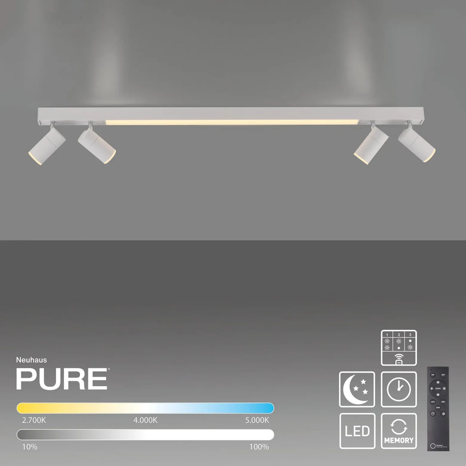 LED-kattovalaisin PURE Lines, 120 cm, valkoinen, CCT, kaukosäädin