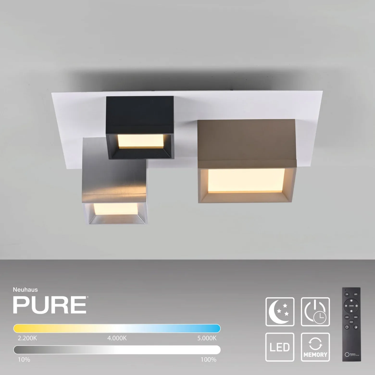 LED-kattovalaisin PURE Manhattan, monivärinen, 8-lamppuinen, CCT