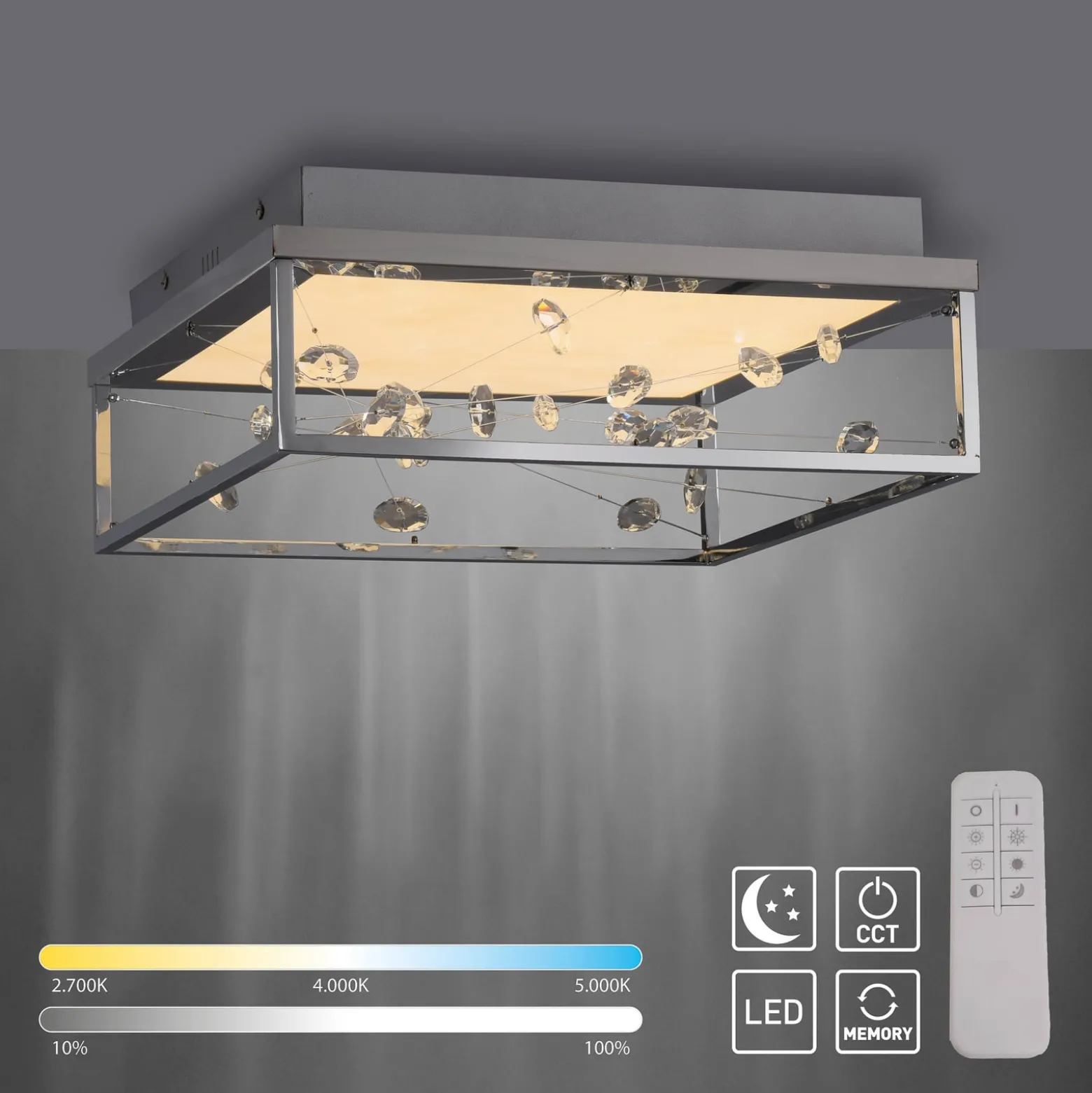 LED-kattovalaisin SKINA, kromi, 40 cm, CCT, himmennettävä, kaukosäädin
