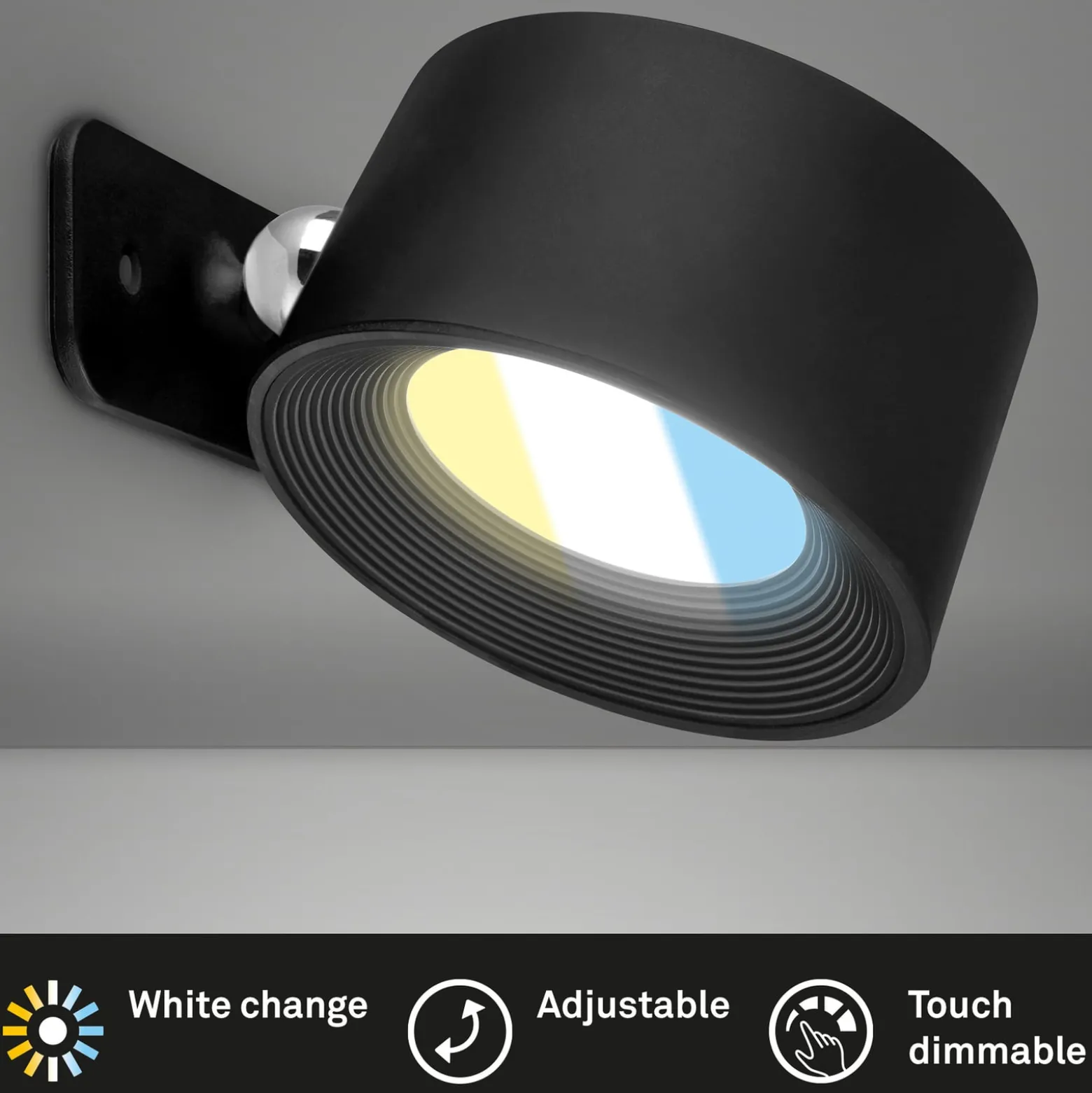 LED-ladattava seinävalaisin Tari, musta, CCT, kosketushimmennin, USB-portti