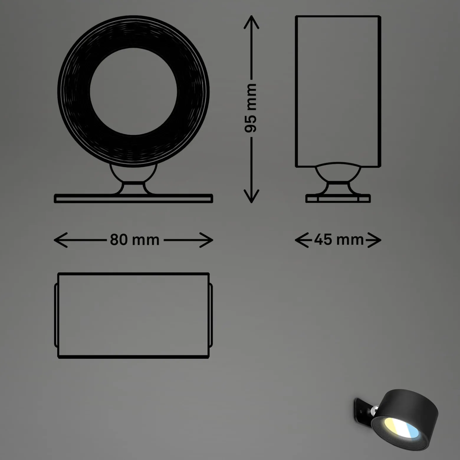 LED-ladattava seinävalaisin Tari, musta, CCT, kosketushimmennin, USB-portti