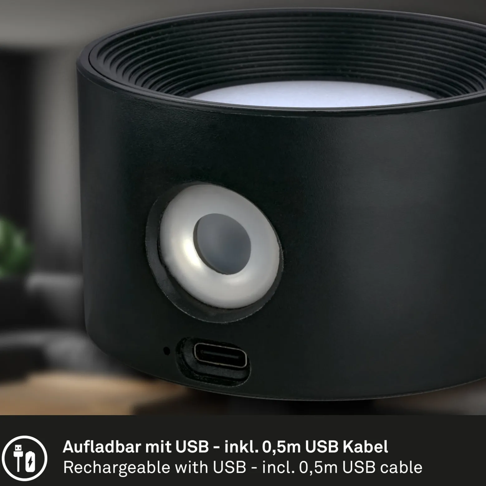 LED-ladattava seinävalaisin Tari, musta, CCT, kosketushimmennin, USB-portti