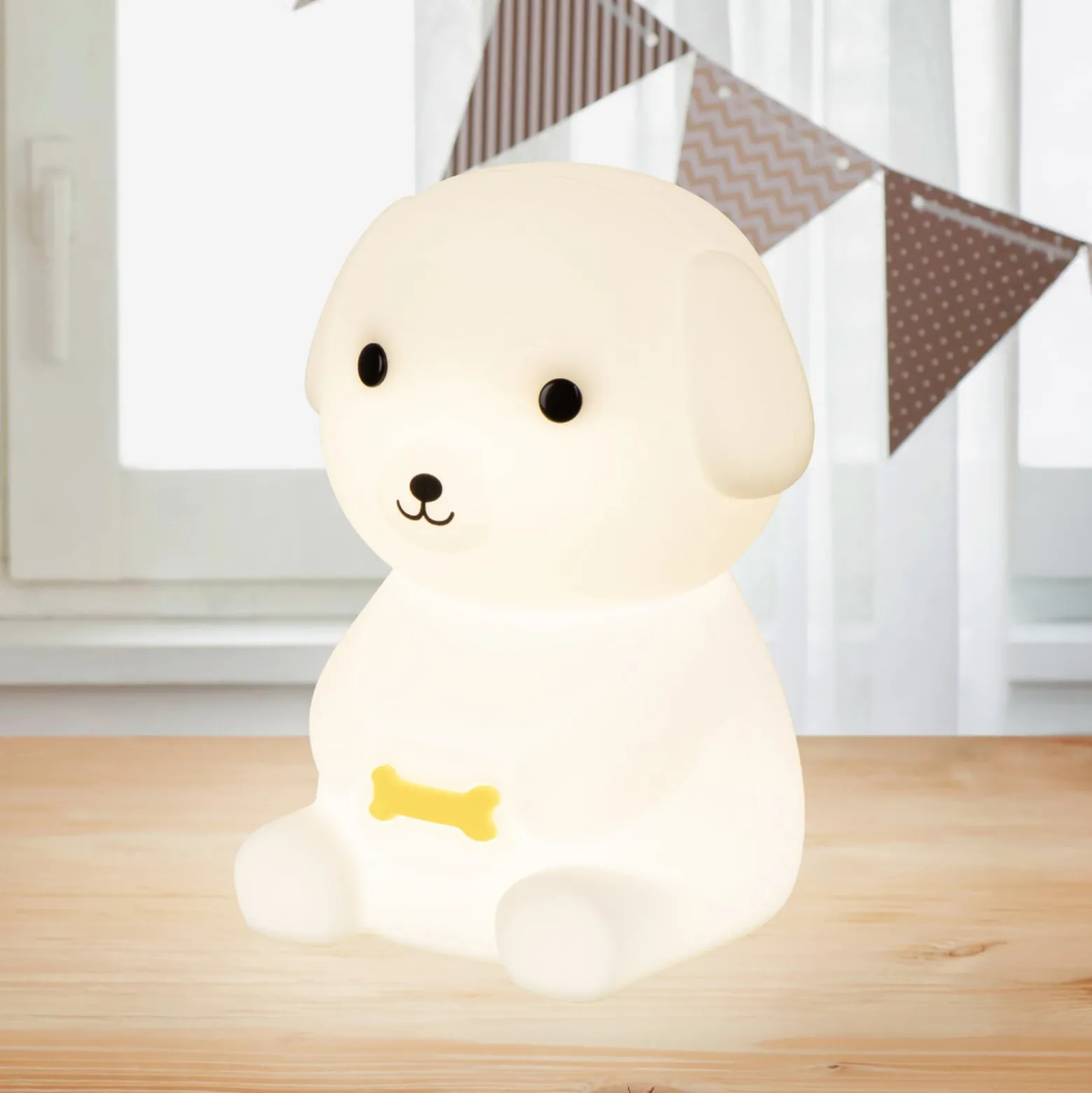 LED ladattava yöpöytälamppu Puppy, koira, valkoinen, RGB, himmennettävä