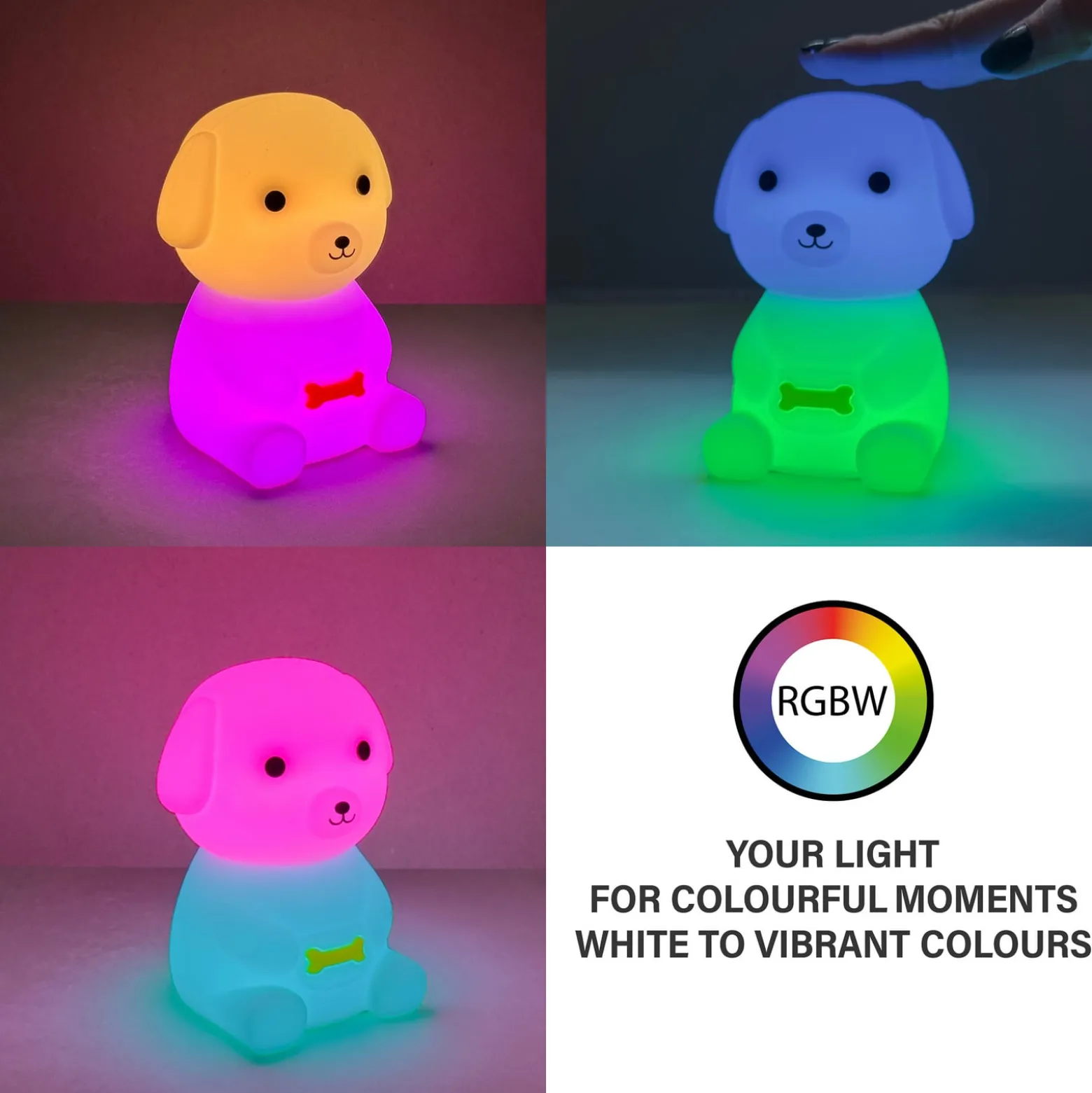 LED ladattava yöpöytälamppu Puppy, koira, valkoinen, RGB, himmennettävä
