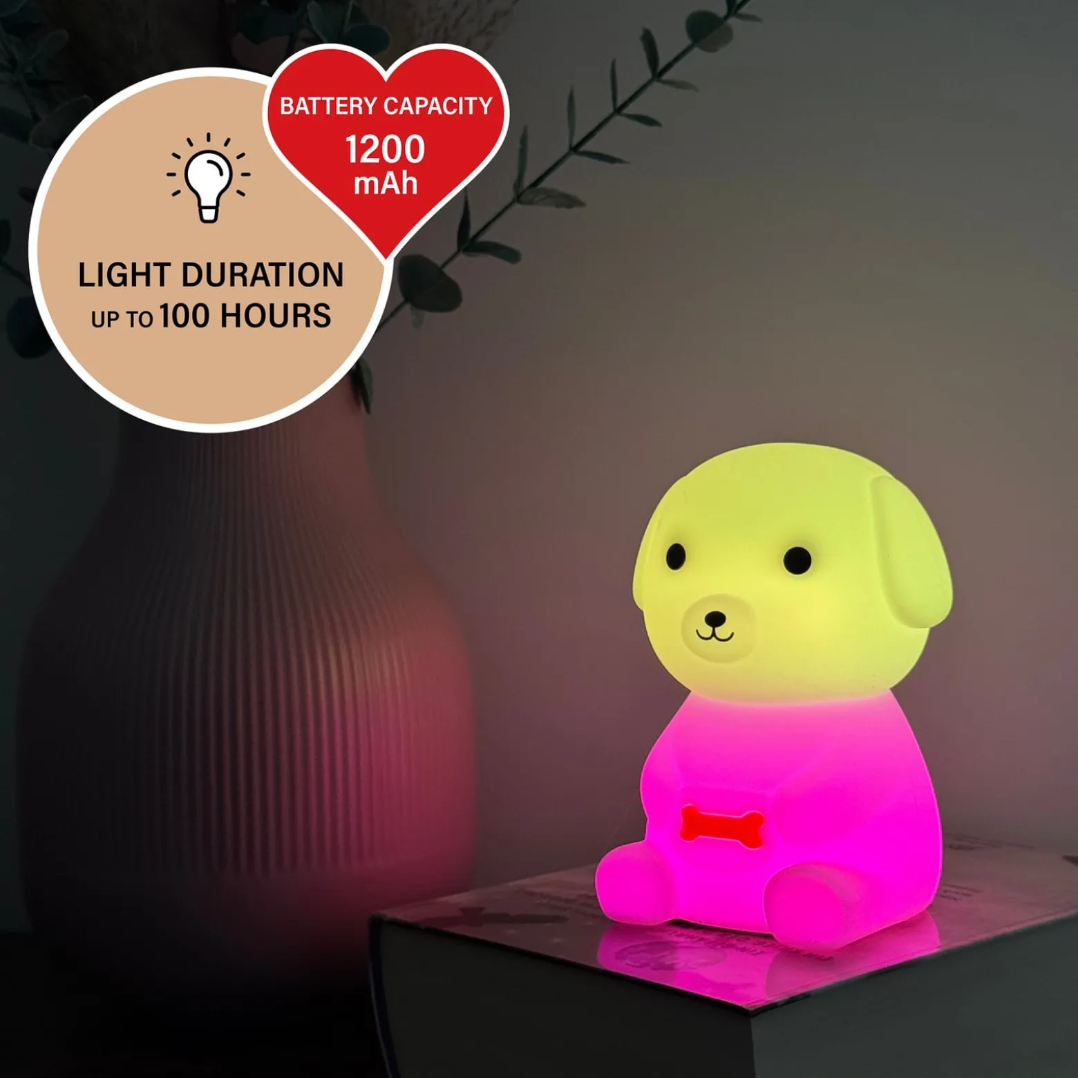 LED ladattava yöpöytälamppu Puppy, koira, valkoinen, RGB, himmennettävä
