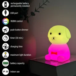LED ladattava yöpöytälamppu Puppy, koira, valkoinen, RGB, himmennettävä