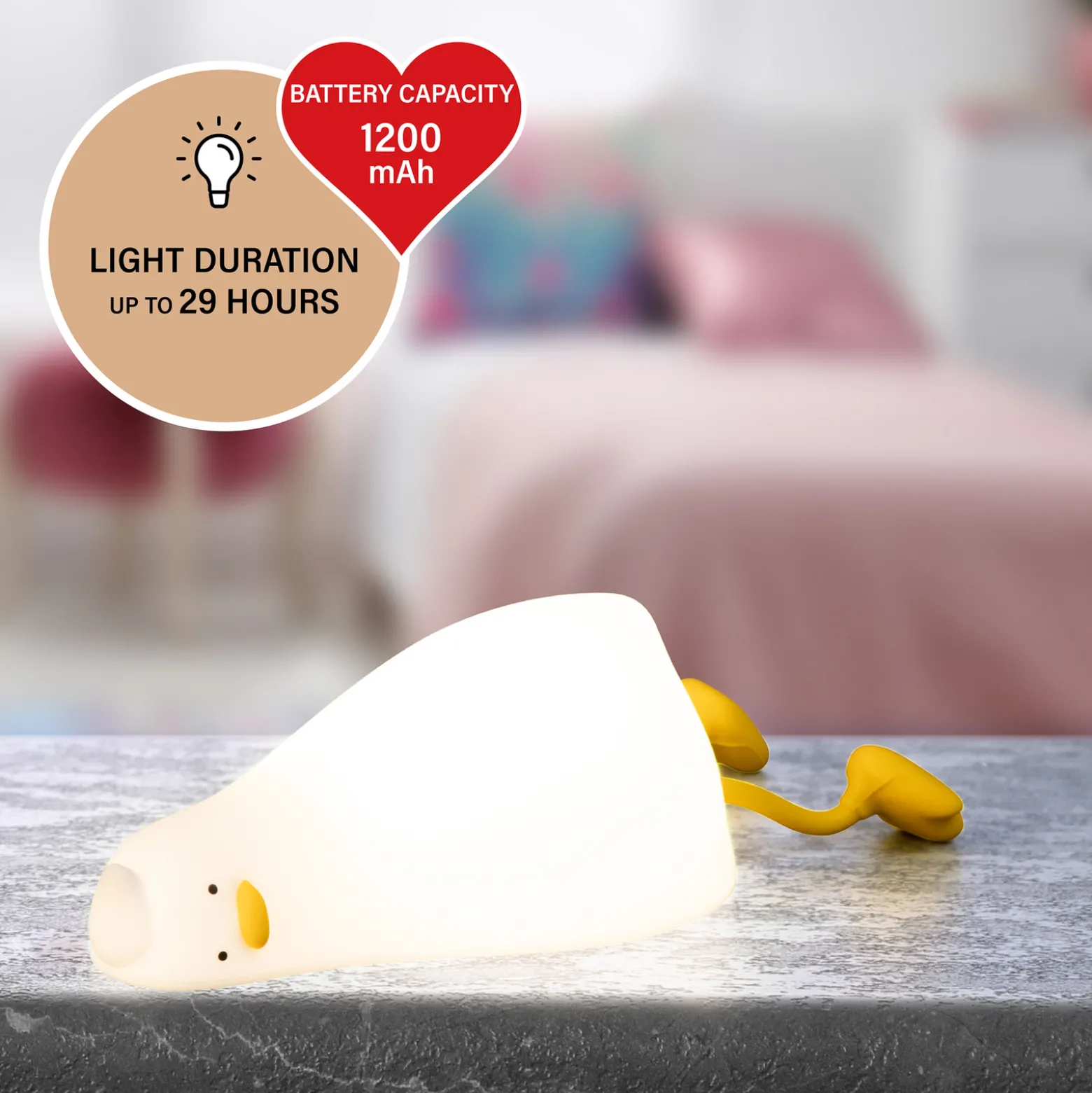 LED ladattava yöpöytävalaisin Ducky, ankka, valkoinen, ajastin,