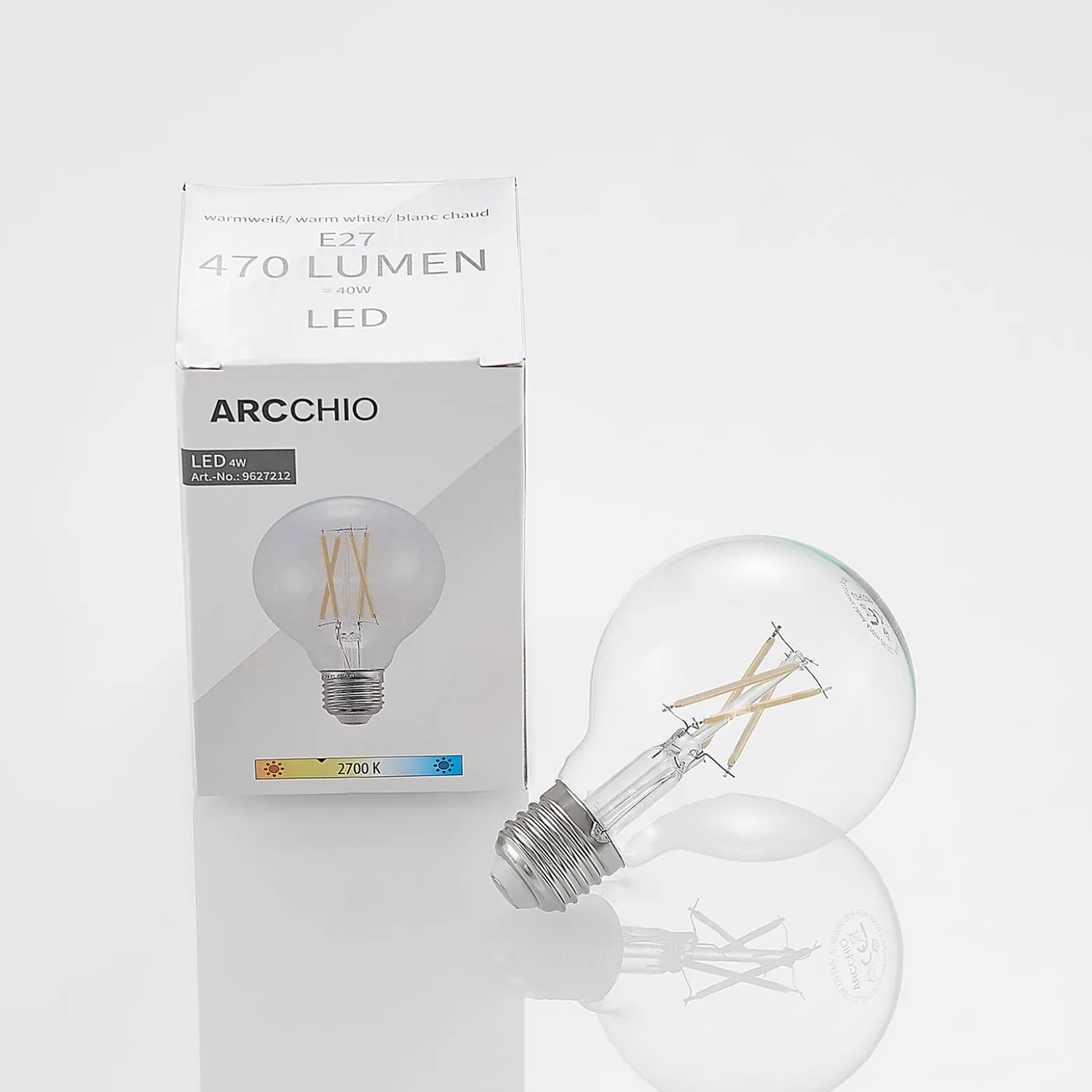LED-lamppu G80 E27, 4 W, 2 700 K, hehkulanka, kirkas, himmennettävä