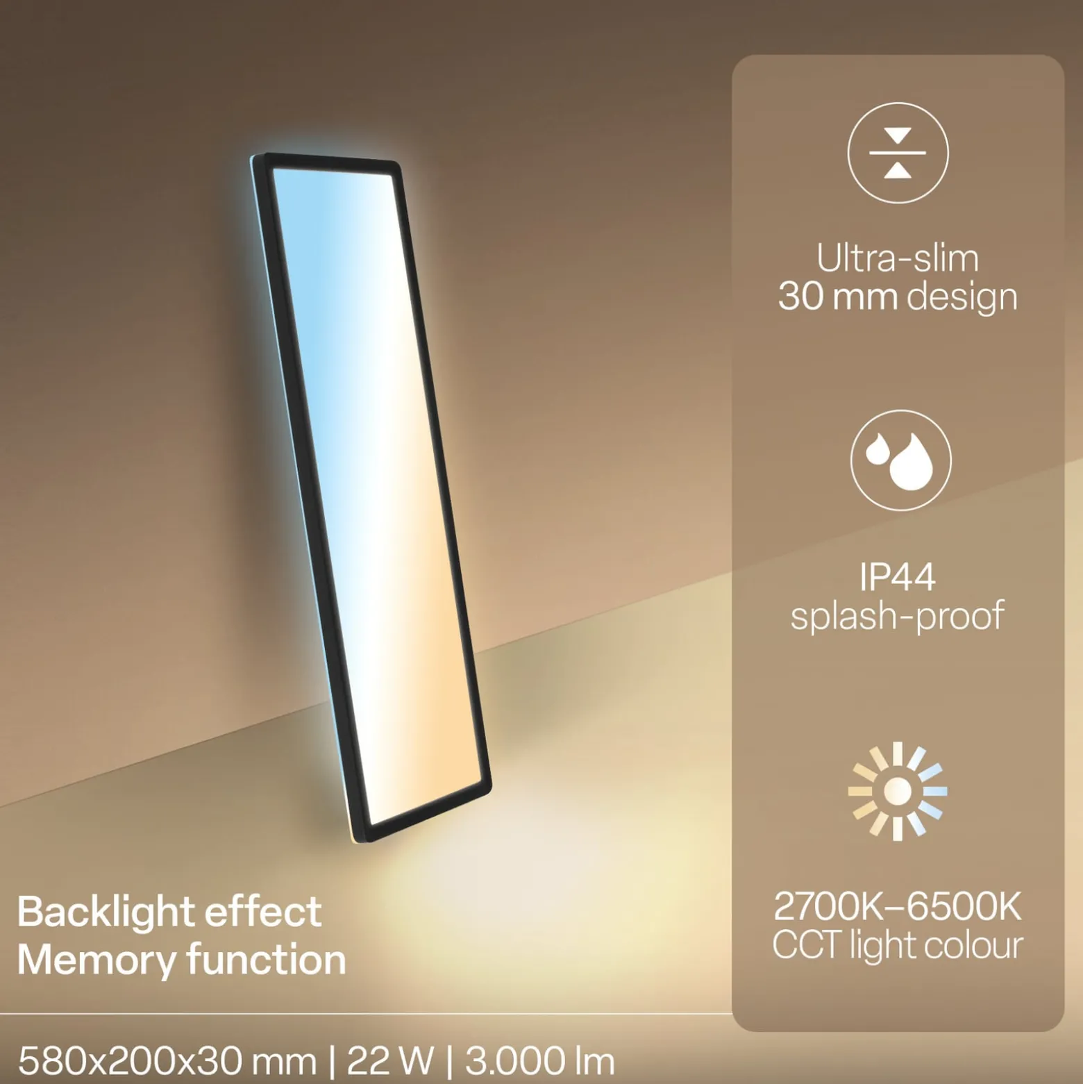 LED-paneeli Shallow kaukosäädin CCT, 58 x 20 cm, musta, taustavalo