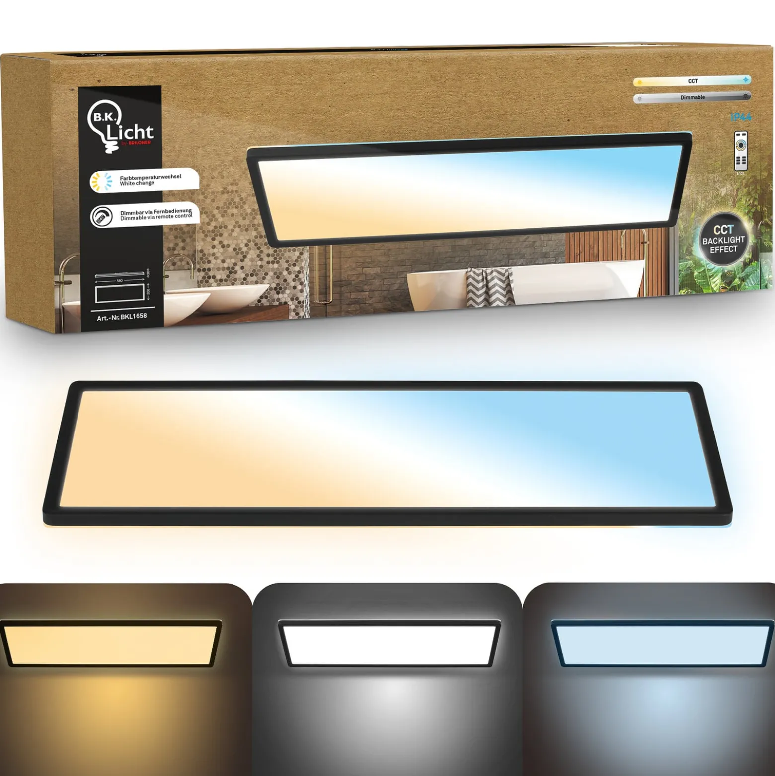 LED-paneeli Shallow kaukosäädin CCT, 58 x 20 cm, musta, taustavalo