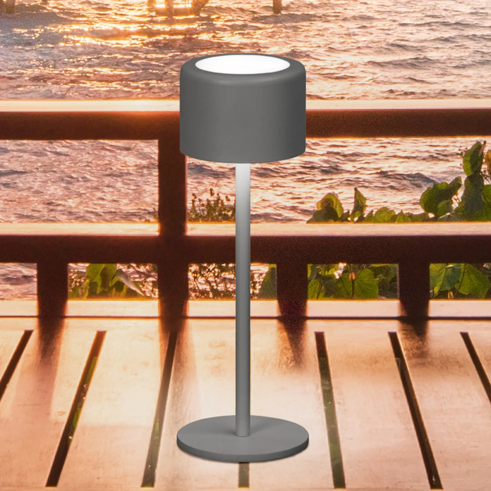 LED-pöytälamppu Juna, hiekanharmaa, korkeus 25 cm, metalli, IP54