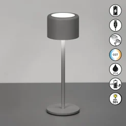 LED-pöytälamppu Juna, hiekanharmaa, korkeus 25 cm, metalli, IP54