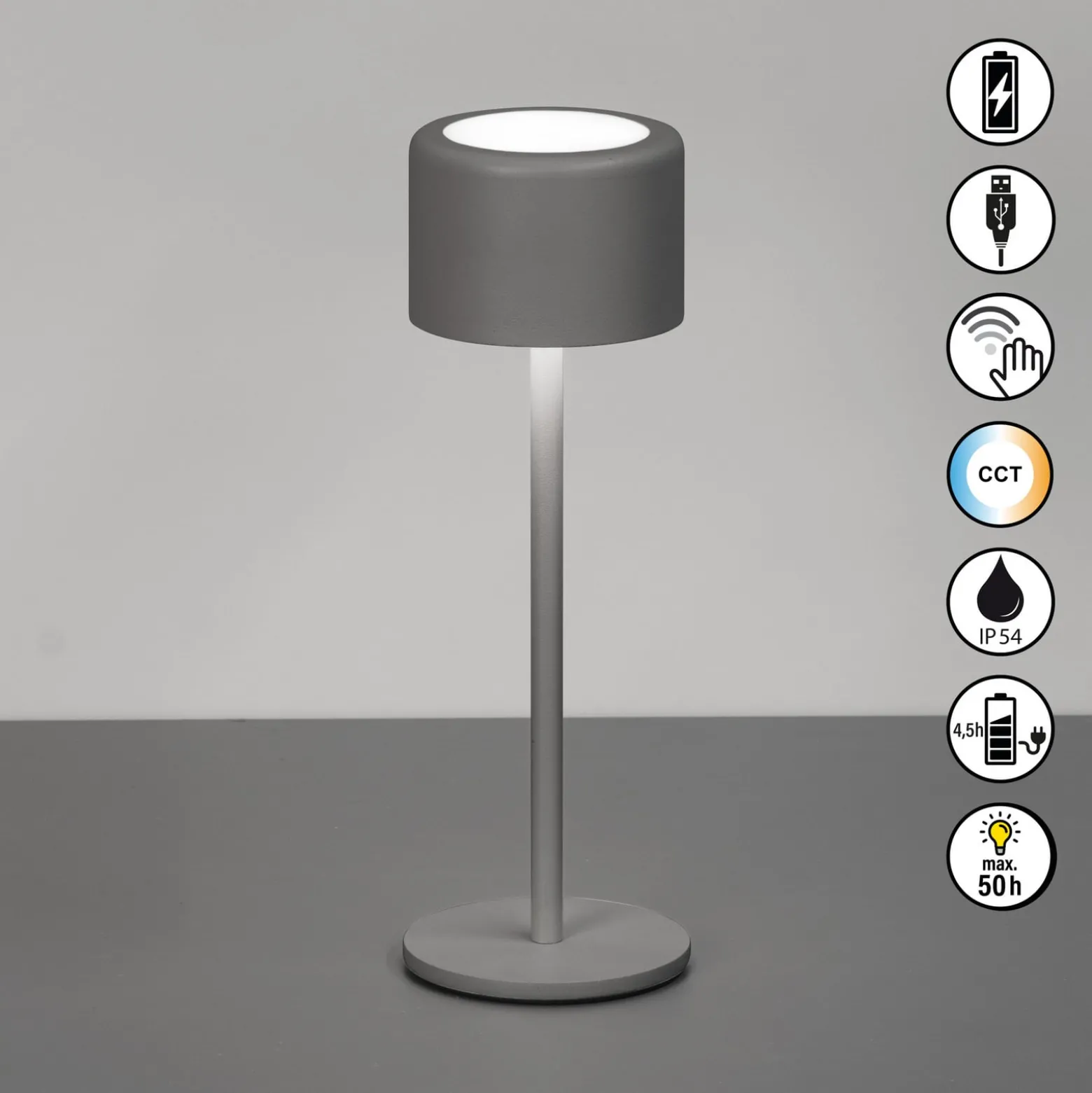 LED-pöytälamppu Juna, hiekanharmaa, korkeus 25 cm, metalli, IP54