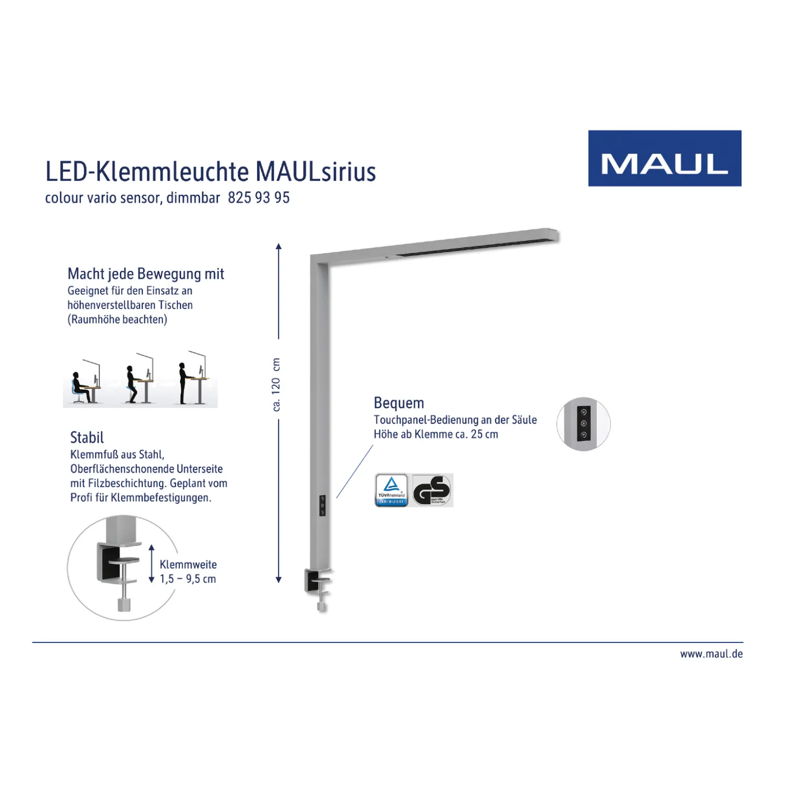 LED-pöytälamppu MAULsirius, valkoinen, himmennettävä, CCT, kiinnityskanta