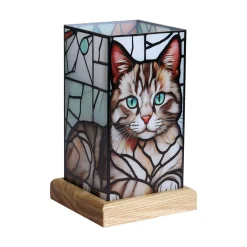 LED-pöytävalaisin Art Light Kissa, puinen jalusta, akryyli, värikäs