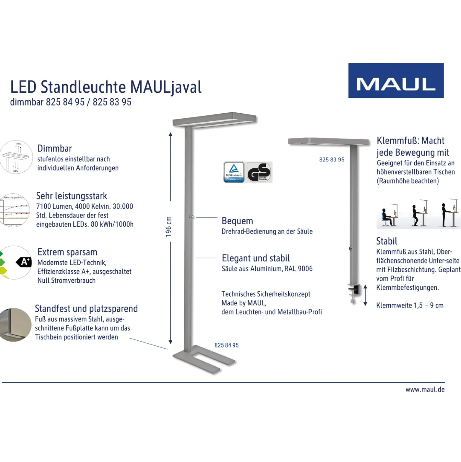 LED-pöytävalaisin MAULjaval, hopea, 120 cm, himmennettävä, kiinnitettävä jalusta