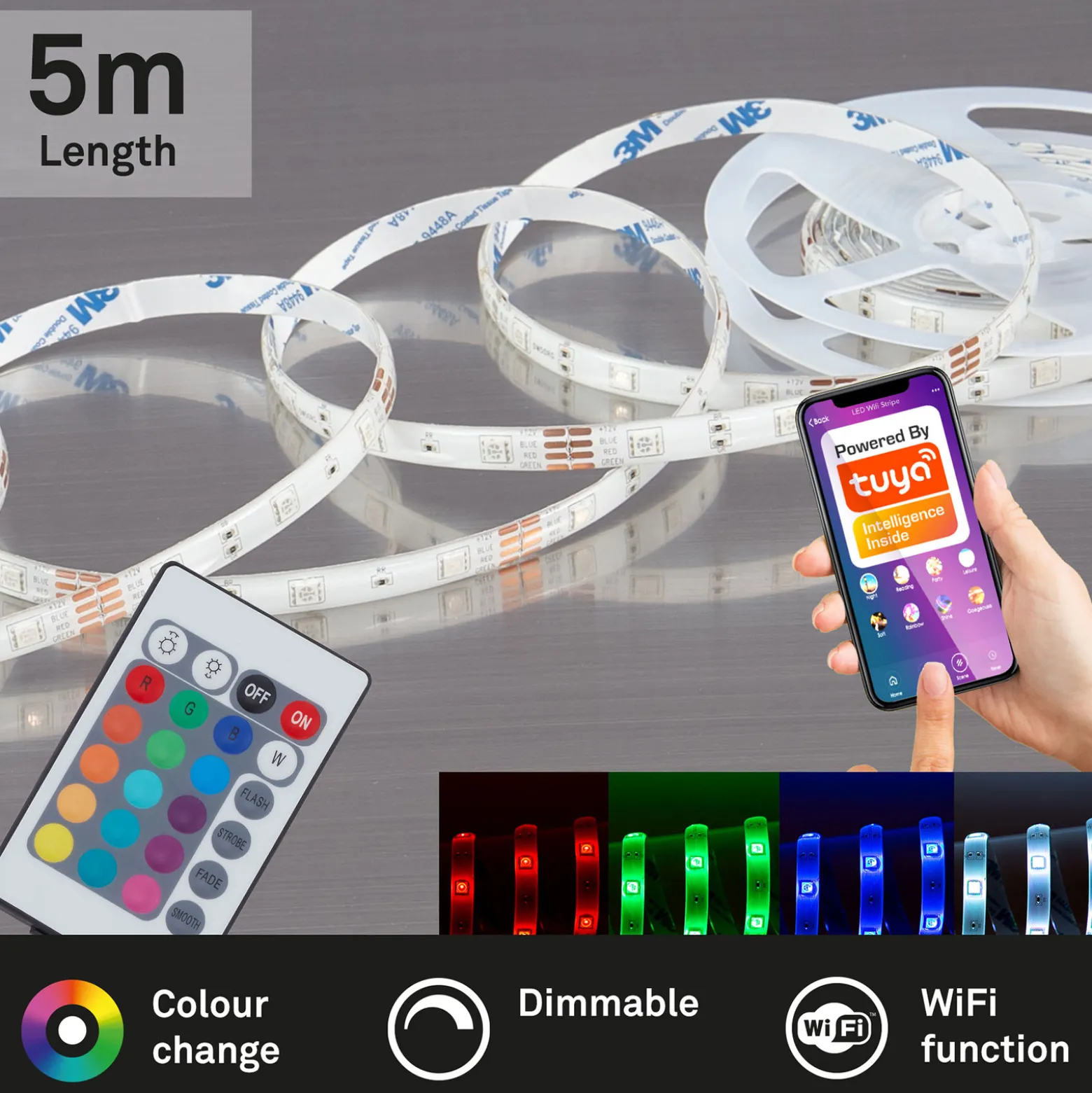 LED-RGB-nauha WiFi, 500 cm, kaukosäädin