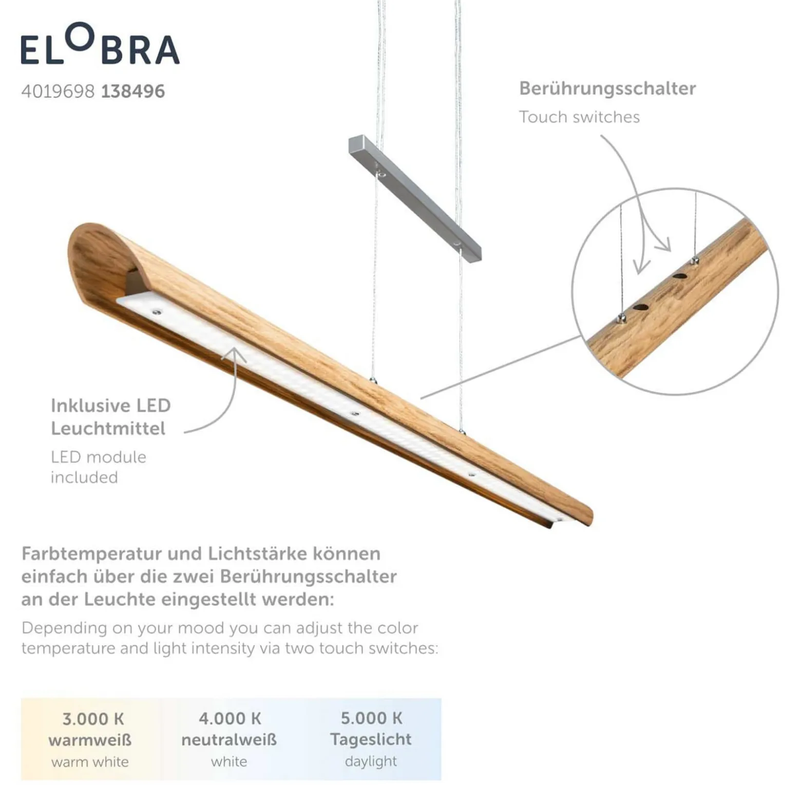 LED-riippuvalaisin Colombia S, tammi natur
